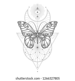 Vector illustration with hand drawn butterfly and Sacred geometric symbol on white background. Abstract mystic sign. Black linear shape. For you design, tattoo or magic craft.