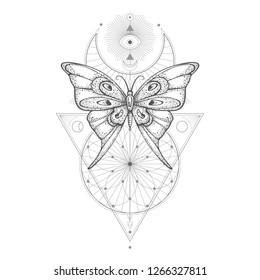 Vector illustration with hand drawn butterfly and Sacred geometric symbol on white background. Abstract mystic sign. Black linear shape. For you design, tattoo or magic craft.