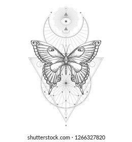 Vector illustration with hand drawn butterfly and Sacred geometric symbol on white background. Abstract mystic sign. Black linear shape. For you design, tattoo or magic craft.