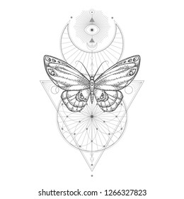 Vector illustration with hand drawn butterfly and Sacred geometric symbol on white background. Abstract mystic sign. Black linear shape. For you design, tattoo or magic craft.