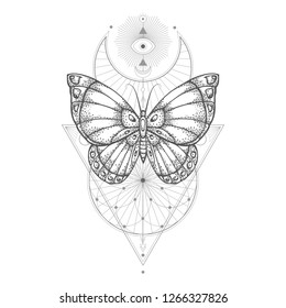Vector illustration with hand drawn butterfly and Sacred geometric symbol on white background. Abstract mystic sign. Black linear shape. For you design, tattoo or magic craft.
