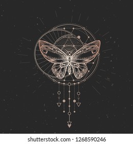 Vector illustration with hand drawn butterfly and Sacred geometric symbol on black vintage background. Abstract mystic sign. Gold linear shape.  