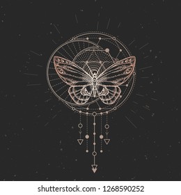 Vector illustration with hand drawn butterfly and Sacred geometric symbol on black vintage background. Abstract mystic sign. Gold linear shape. 