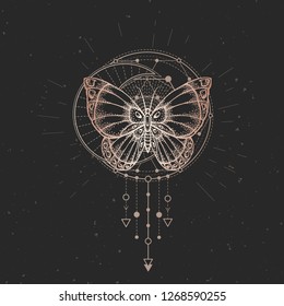 Vector illustration with hand drawn butterfly and Sacred geometric symbol on black vintage background. Abstract mystic sign. Gold linear shape.  