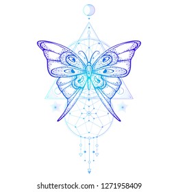 Vector illustration with hand drawn butterfly and Sacred geometric symbol on white background. Abstract mystic sign. Colored linear shape. For you design, tattoo or magic craft.