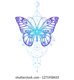 Vektorillustration mit handgezeichnetem Schmetterling und Sacred Geometric Symbol auf weißem Hintergrund. Abstraktes mystisches Zeichen. Farbige lineare Form. Für Sie Design, Tätowierung oder Zauberkunst.