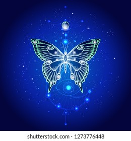 Vector illustration with hand drawn butterfly and Sacred geometric symbol against night starry sky. Abstract mystic sign. Linear shape. For you design or magic craft.