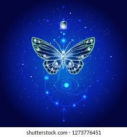 Vector illustration with hand drawn butterfly and Sacred geometric symbol against night starry sky. Abstract mystic sign. Linear shape. For you design or magic craft.