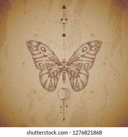 Vector illustration with hand drawn butterfly and Sacred geometric symbol on vintage paper background. Abstract mystic sign. Dot graphics. Dotted contour. For you design or magic craft.