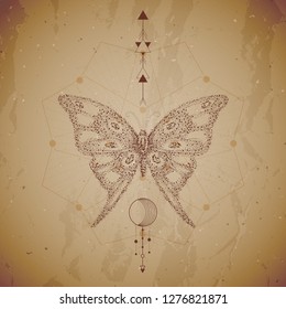 Vector illustration with hand drawn butterfly and Sacred geometric symbol on vintage paper background. Abstract mystic sign. Dot graphics. Dotted contour. For you design or magic craft.