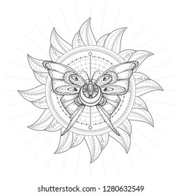 Vector illustration with hand drawn butterfly and Sacred geometric symbol on white background. Abstract mystic sign. Black linear shape. For you design, tattoo or magic craft.