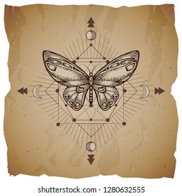 Vector illustration with hand drawn butterfly and Sacred geometric symbol on vintage paper background with torn edges. Abstract mystic sign. Sepia linear shape. For you design or magic craft.