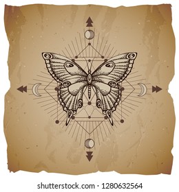 Vector illustration with hand drawn butterfly and Sacred geometric symbol on vintage paper background with torn edges. Abstract mystic sign. Sepia linear shape. For you design or magic craft.