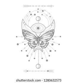 Vector illustration with hand drawn butterfly and Sacred geometric symbol on white background. Abstract mystic sign. Black linear shape. For you design, tattoo or magic craft.