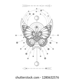 Vector illustration with hand drawn butterfly and Sacred geometric symbol on white background. Abstract mystic sign. Black linear shape. For you design, tattoo or magic craft.