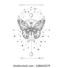 Vector illustration with hand drawn butterfly and Sacred geometric symbol on white background. Abstract mystic sign. Black linear shape. For you design, tattoo or magic craft.