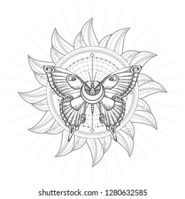 Vector illustration with hand drawn butterfly and Sacred geometric symbol on white background. Abstract mystic sign. Black linear shape. For you design, tattoo or magic craft.