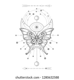 Vector illustration with hand drawn butterfly and Sacred geometric symbol on white background. Abstract mystic sign. Black linear shape. For you design, tattoo or magic craft.