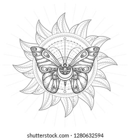 Vector illustration with hand drawn butterfly and Sacred geometric symbol on white background. Abstract mystic sign. Black linear shape. For you design, tattoo or magic craft.