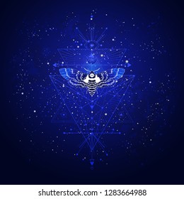 Vector illustration with hand drawn butterfly Dead head and Sacred geometric symbol against the starry sky. Abstract mystic sign. Linear shape. For you design: tattoo, print, posters, t-shirts.