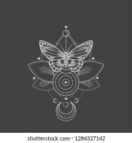 Vector illustration with hand drawn butterfly and Sacred geometric symbol on black background. Abstract mystic sign. White linear shape. For you design, tattoo or magic craft.