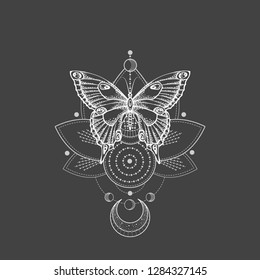 Vector illustration with hand drawn butterfly and Sacred geometric symbol on black background. Abstract mystic sign. White linear shape. For you design, tattoo or magic craft.