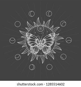 Vector illustration with hand drawn butterfly and Sacred symbol Sun  on black background. Abstract mystic sign. White linear shape. For you design, tattoo or magic craft.