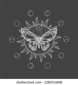 Vector illustration with hand drawn butterfly and Sacred symbol Sun on black background. Abstract mystic sign. White linear shape. For you design, tattoo or magic craft.