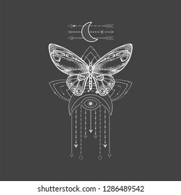 Vector illustration with hand drawn butterfly and Sacred symbol on black background. Abstract mystic sign. White linear shape. For you design, tattoo or magic craft.