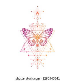 Vector illustration with hand drawn butterfly and Sacred geometric symbol on white background. Abstract mystic sign. Colored linear shape. For you design, tattoo or magic craft.