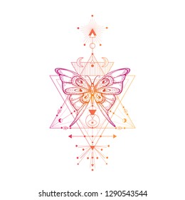 Vector illustration with hand drawn butterfly and Sacred geometric symbol on white background. Abstract mystic sign. Colored linear shape. For you design, tattoo or magic craft.