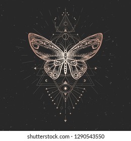 Vector illustration with hand drawn butterfly and Sacred geometric symbol on black vintage background. Abstract mystic sign. Gold linear shape. For you design or magic craft.