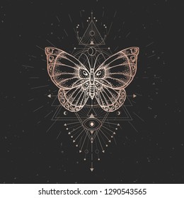 Vector illustration with hand drawn butterfly and Sacred geometric symbol on black vintage background. Abstract mystic sign. Gold linear shape. For you design or magic craft.