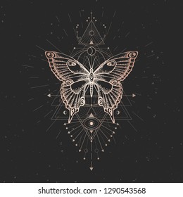 Vector illustration with hand drawn butterfly and Sacred geometric symbol on black vintage background. Abstract mystic sign. Gold linear shape. For you design or magic craft.