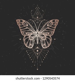 Vector illustration with hand drawn butterfly and Sacred geometric symbol on black vintage background. Abstract mystic sign. Gold linear shape. For you design or magic craft.