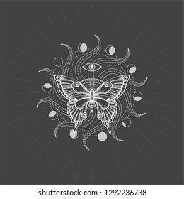 Vector illustration with hand drawn butterfly and Sacred geometric symbol on black background. Abstract mystic sign. White linear shape. For you design, tattoo or magic craft.