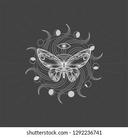 Vector illustration with hand drawn butterfly and Sacred geometric symbol on black background. Abstract mystic sign. White linear shape. For you design, tattoo or magic craft.