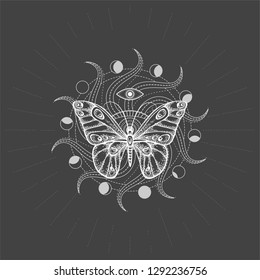 Vector illustration with hand drawn butterfly and Sacred geometric symbol on black background. Abstract mystic sign. White linear shape. For you design, tattoo or magic craft.