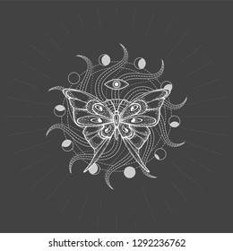 Vector illustration with hand drawn butterfly and Sacred geometric symbol on black background. Abstract mystic sign. White linear shape. For you design, tattoo or magic craft.