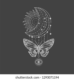 Vector illustration with hand drawn butterfly and Sacred geometric symbol on black background. Abstract mystic sign. White linear shape. For you design, tattoo or magic craft.