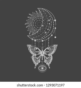 Vector illustration with hand drawn butterfly and Sacred geometric symbol on black background. Abstract mystic sign. White linear shape. For you design, tattoo or magic craft.
