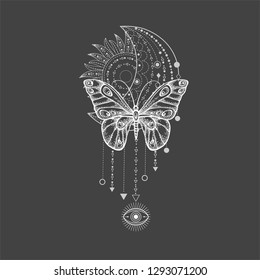 Vector illustration with hand drawn butterfly and Sacred geometric symbol on black background. Abstract mystic sign. White linear shape. For you design, tattoo or magic craft.