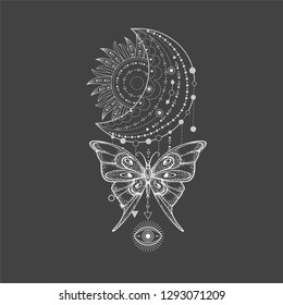 Vector illustration with hand drawn butterfly and Sacred geometric symbol on black background. Abstract mystic sign. White linear shape. For you design, tattoo or magic craft.