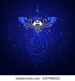 Vector illustration with hand drawn butterfly Dead head and Sacred geometric symbol against the starry sky. Abstract mystic sign. Linear shape. For your design.