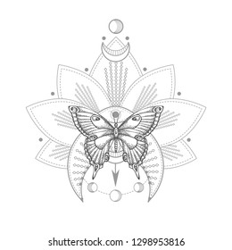 Vector illustration with hand drawn butterfly and Sacred geometric symbol on white background. Abstract mystic sign. Black linear shape. For you design, tattoo or magic craft.