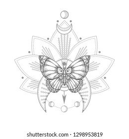 Vector illustration with hand drawn butterfly and Sacred geometric symbol on white background. Abstract mystic sign. Black linear shape. For you design, tattoo or magic craft.