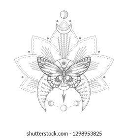 Vector illustration with hand drawn butterfly and Sacred geometric symbol on white background. Abstract mystic sign. Black linear shape. For you design, tattoo or magic craft.