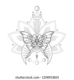 Vector illustration with hand drawn butterfly and Sacred geometric symbol on white background. Abstract mystic sign. Black linear shape. For you design, tattoo or magic craft.