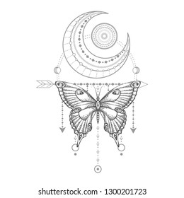 Vector illustration with hand drawn butterfly and Sacred geometric symbol on white background. Abstract mystic sign. Black linear shape. For you design, tattoo or magic craft.