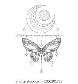 Vector illustration with hand drawn butterfly and Sacred geometric symbol on white background. Abstract mystic sign. Black linear shape. For you design, tattoo or magic craft.